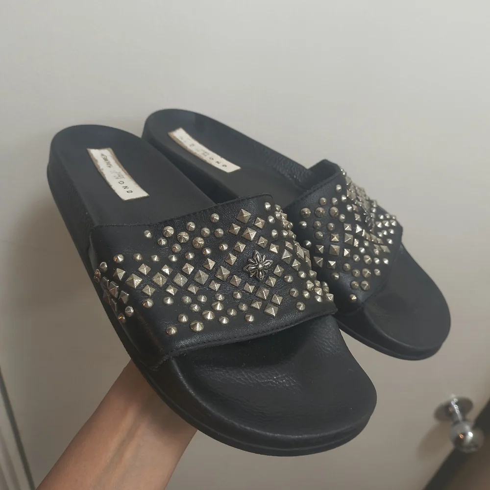 John Richmond Black Studded Leather Pool Slide Sandals Size 41/ US 8